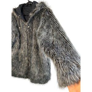 Womens Haband Faux Fur Reversible Black Silk Jacket Size M EUC Hoodie Zip 7011